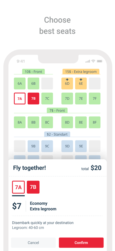 Georgian Airways - Air tickets - Bildschirm zur Sitzplatzauswahl in der Georgian Airways App mit einer Flugzeugsitzkarte und Preisen für zusätzlichen Beinfreiheit.