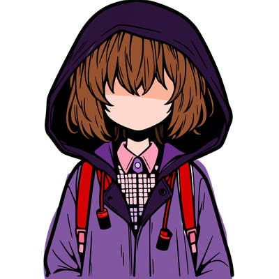 little anime girl in a raincoat her hair is covering her eyes she has a lighter