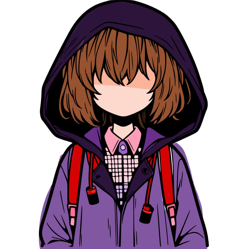 little anime girl in a raincoat her hair is covering her eyes she has a lighter