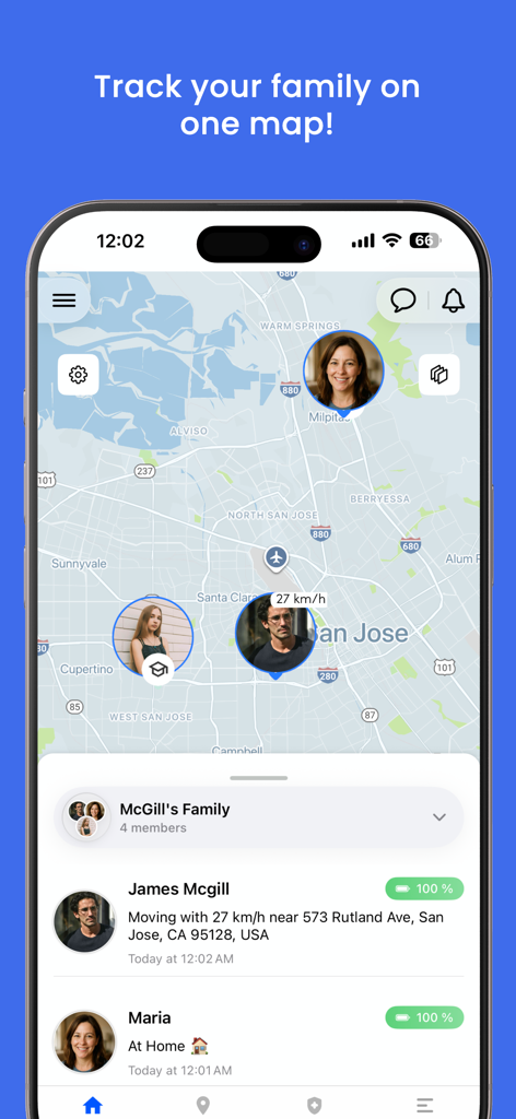 Real-time family tracking map showing member locations and battery status in the Family Nest app