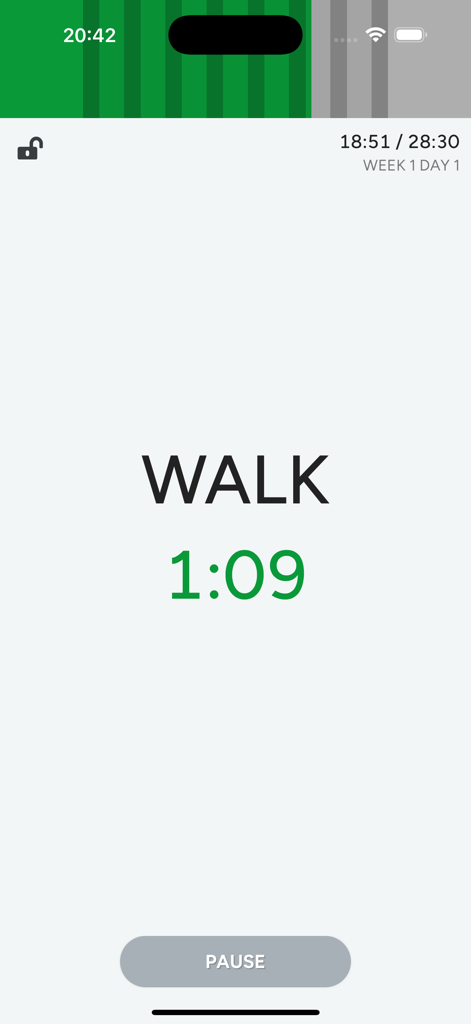 Just Run: Zero to 5K (+10K) - Just Run app interface displaying a walking interval timer and workout progress