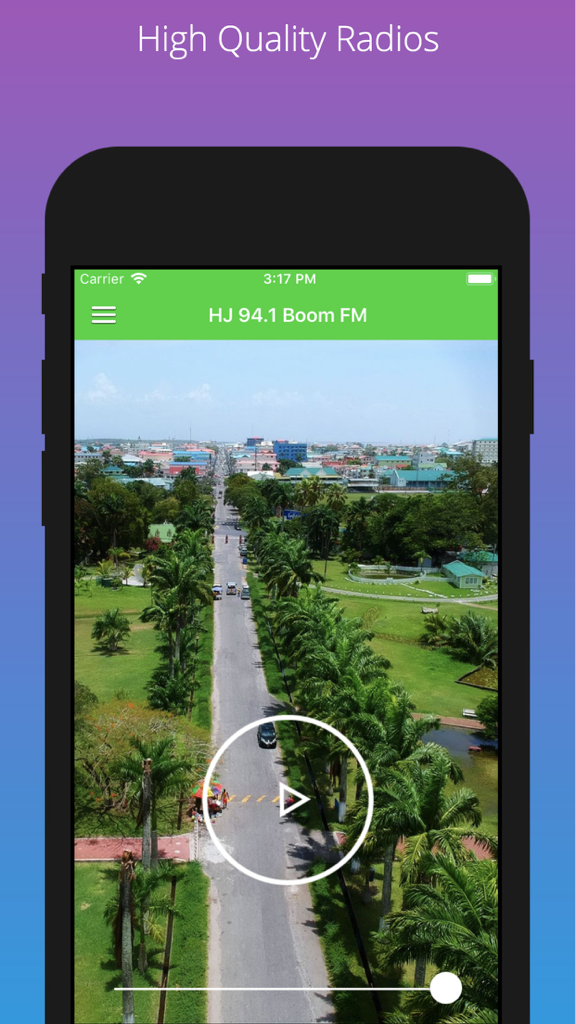 Guyana News by GP - Interfaz de la aplicación Guyana News by GP que muestra streaming de radio de alta calidad para HJ 94.1 Boom FM