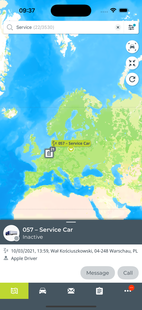 Webfleet Mobile - Webfleet Mobile app interface showing the real-time location and status of a service car on a map.