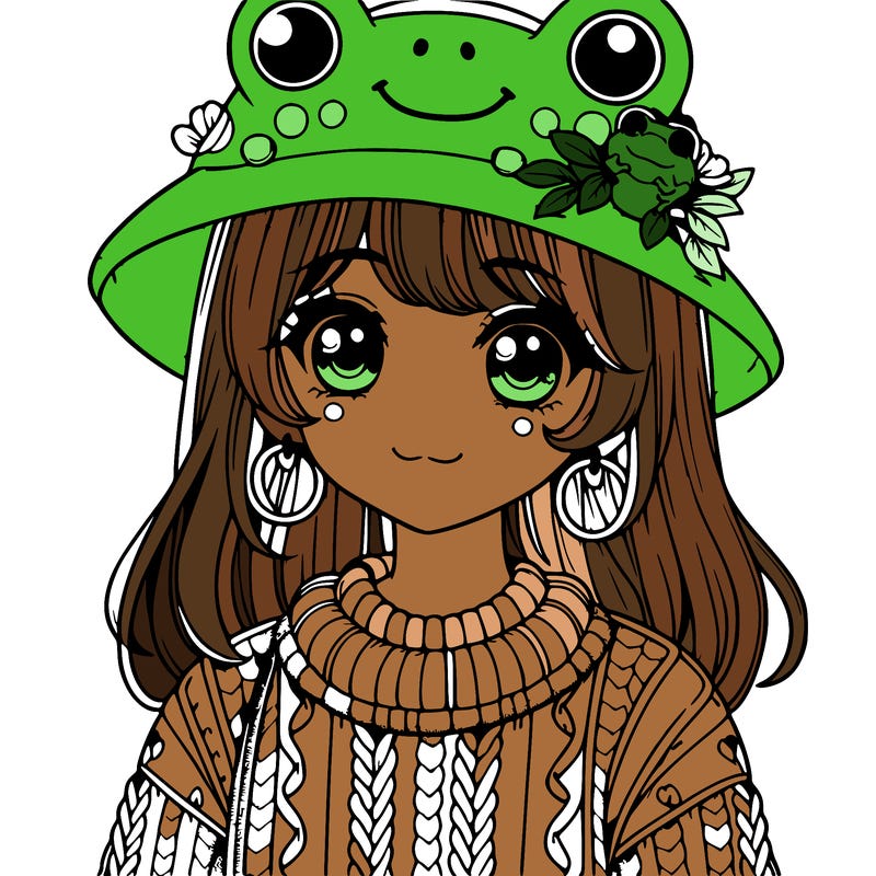realistic girl wearing frog sweater and a frog hat with frog earrings