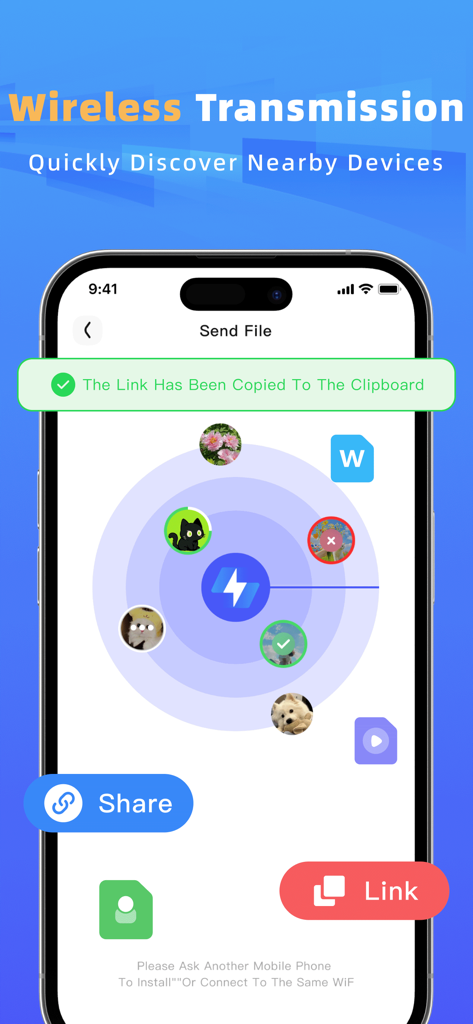 Interface showing a radar view for discovering nearby devices for wireless file transfer
