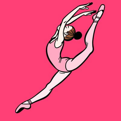 gymnast doing a leap in a leotard with a bent back leg