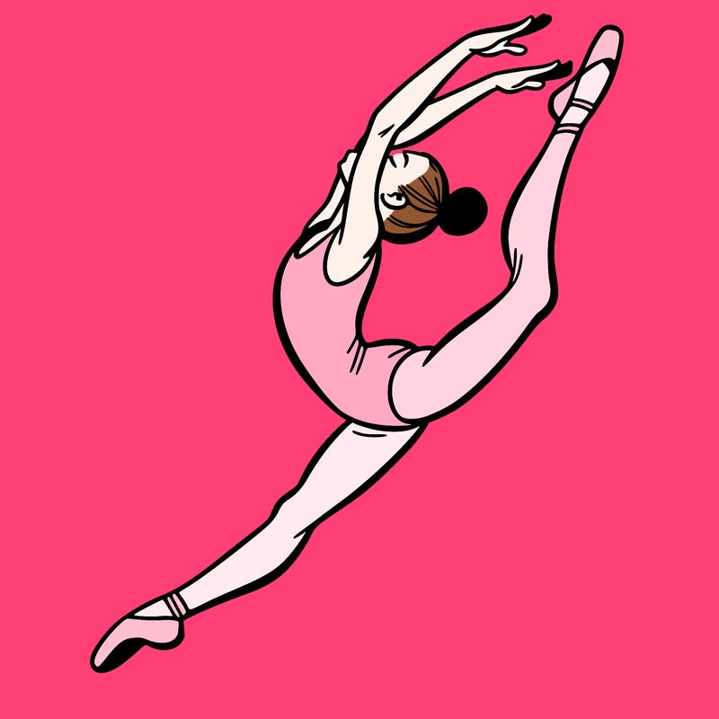 gymnast doing a leap in a leotard with a bent back leg