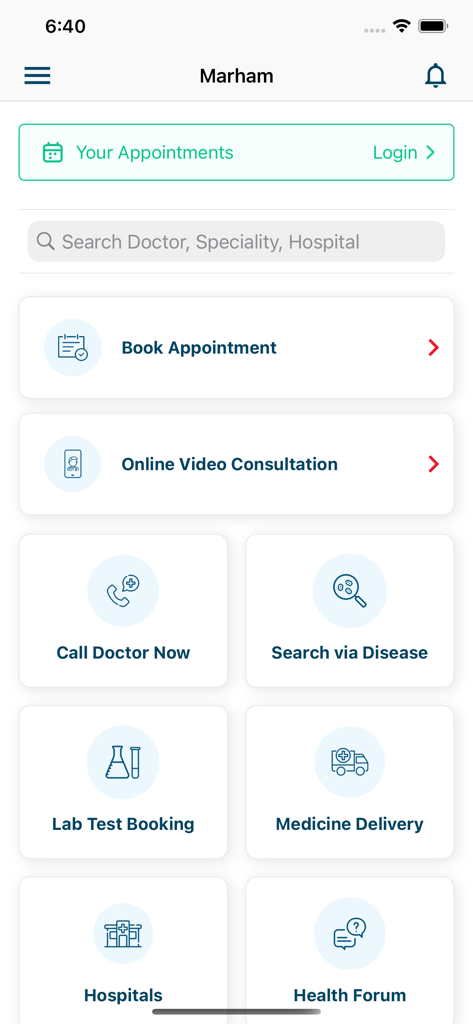 Marham app home screen showing options for doctor appointments and online consultations