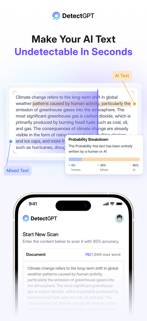 DetectGPT: Trusted AI Detector - Interfaccia dell'app mobile DetectGPT che mostra l'analisi del rilevamento di testo AI e la ripartizione della probabilità su uno schermo iPhone.