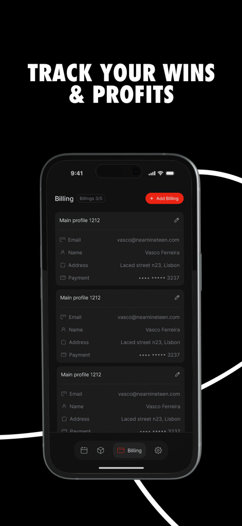 Billing management screen in the Laced app showing multiple checkout profiles for sneaker drops