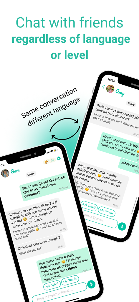 Interface of the Sylvi app showing a chat between friends with real-time translation in multiple languages