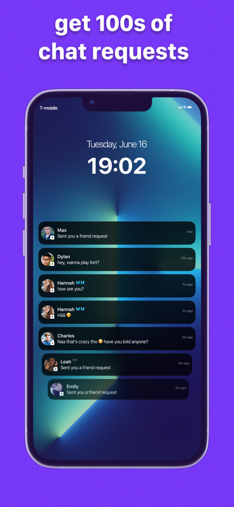 Peeps 소셜 네트워킹 앱의 여러 친구 요청 및 채팅 메시지를 보여주는 iPhone 잠금 화면입니다.