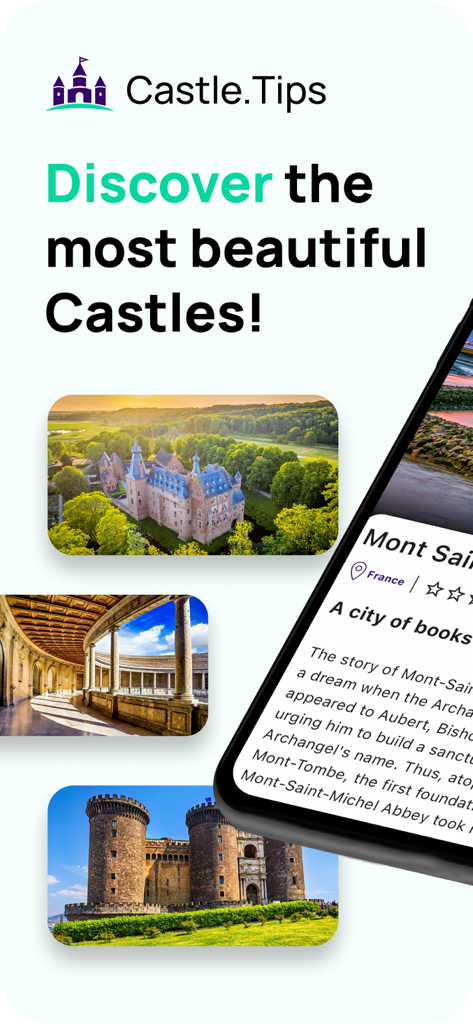 Castle.Tips-beautiful Castles! - Castle Tips app interface showcasing photos of historic castles and travel guide information