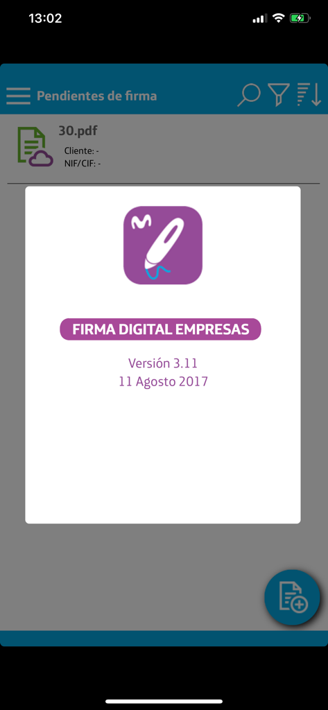 Firma Digital - Informations-Popup für die mobile App Firma Digital Empresas mit Versions- und Movistar-Logo