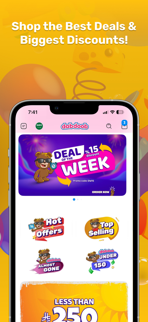 Dabdoob app interface showing promotional banners for weekly toy deals and discounts