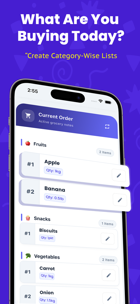 ListExpenser: Expense Tracker - A mobile app screen showing a categorized grocery shopping list with items like fruits, snacks, and vegetables sorted by quantity.