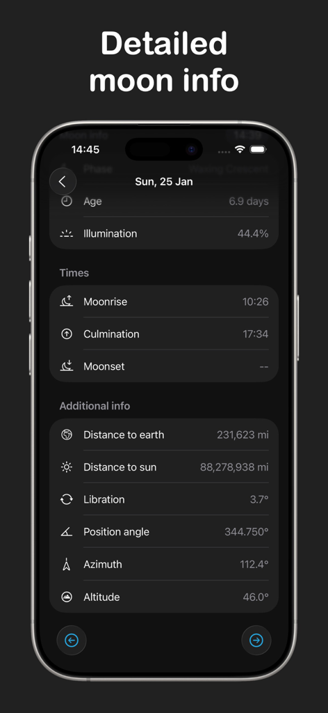 Moon Phase Calendar & Tracker - 照明、月齢、地球までの距離、天体座標を含む詳細な月の情報が表示されたiPhone画面