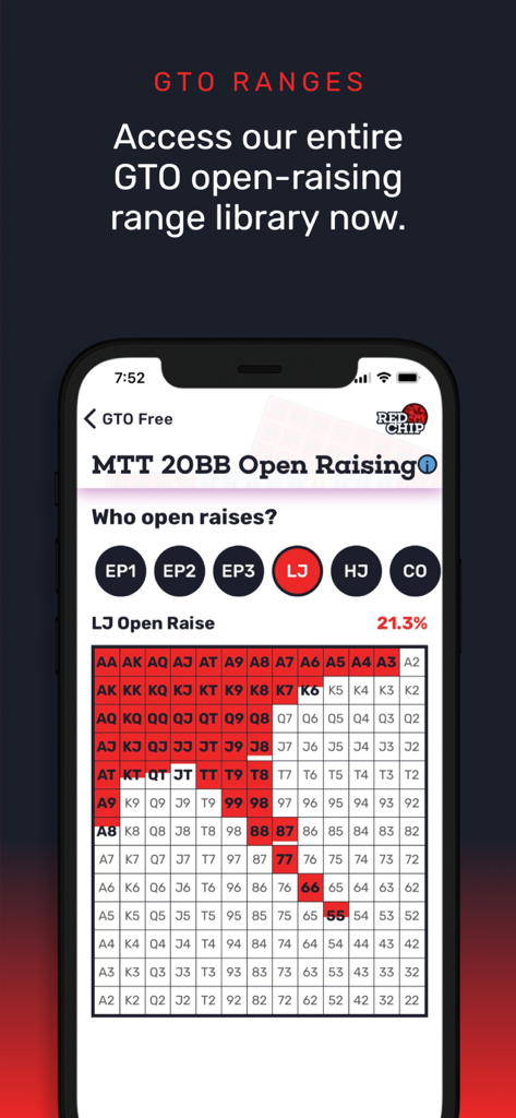 GTO Poker Ranges By Red Chip - GTO poker open-raising range chart for MTT 20BB on Red Chip app