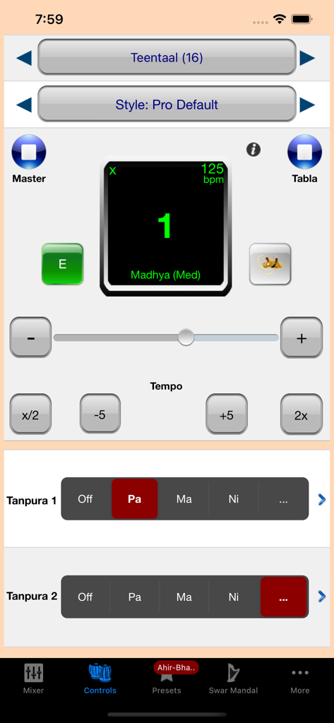iTablaPro - iTablaPro app interface with Teentaal rhythm and Tanpura controls
