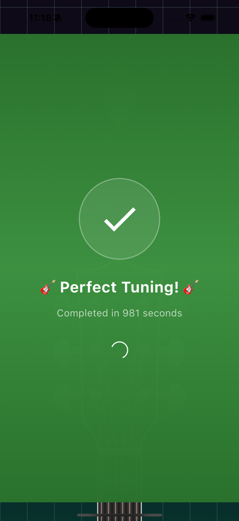 Guitar Tuner - 6 strings - Guitar Tuner app showing a green screen with a checkmark and the text Perfect Tuning
