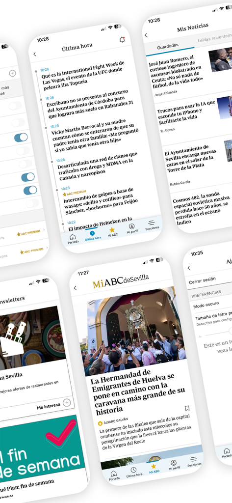 Diario ABC de Sevilla - Collage di schermate dall'app di notizie Diario ABC de Sevilla che mostrano le ultime notizie e contenuti personalizzati.
