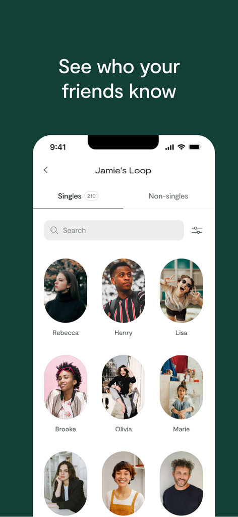 Loop app interface showing a list of singles from a friends social circle