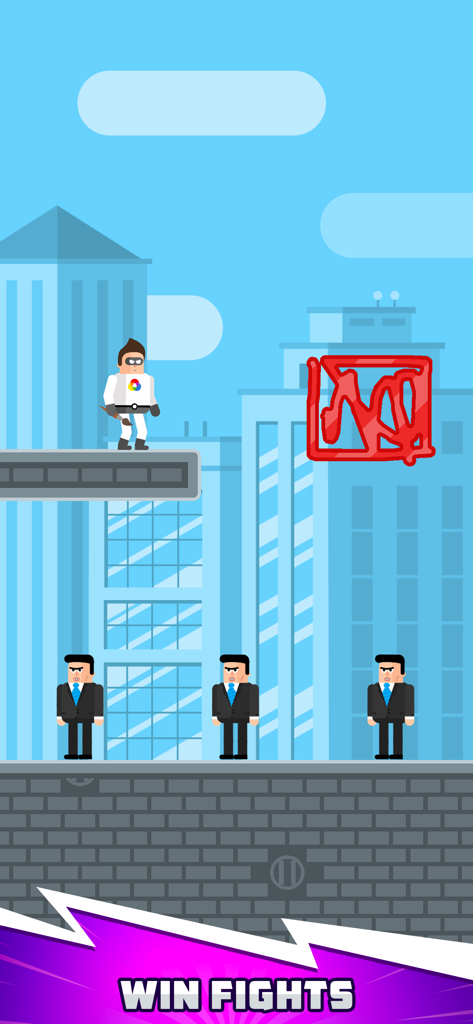 The Superhero League - Ein Superheldencharakter steht auf einer Plattform und nutzt Zeichenfähigkeiten gegen Feinde in einer städtischen Umgebung.