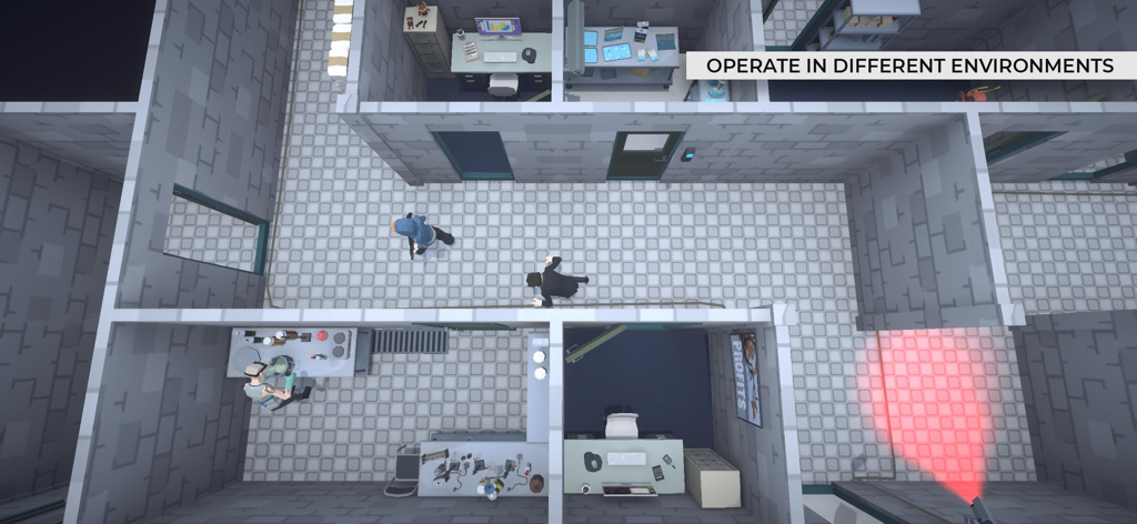 Agent Al - Top-down view of a stealth mission in Agent Al featuring low-poly office environments and security systems