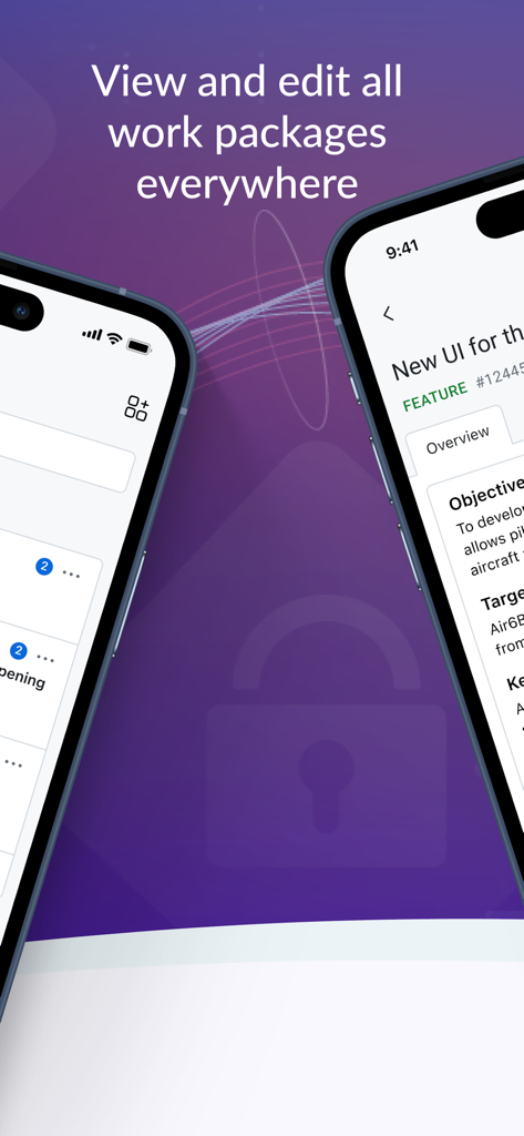 OpenProjectモバイルアプリのインターフェース。iPhoneでプロジェクトの作業パッケージを表示および編集できる機能が表示されています。