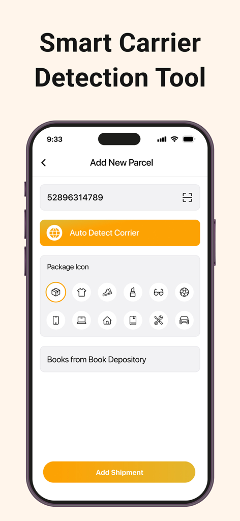 Package Tracker Parcel Tracker - Smartphone screen showing the auto detect courier feature and add new parcel interface in the Package Tracker app