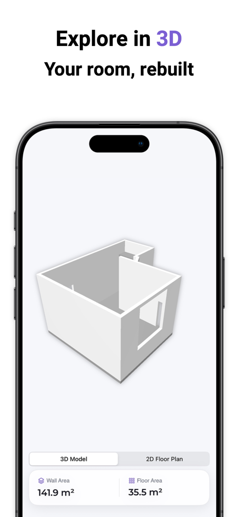 Pantalla de iPhone mostrando un modelo 3D de habitación y mediciones de área de superficie en la aplicación Roomify