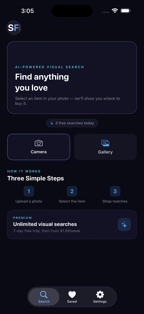StyleFinder app main interface showing AI visual search options for camera and gallery
