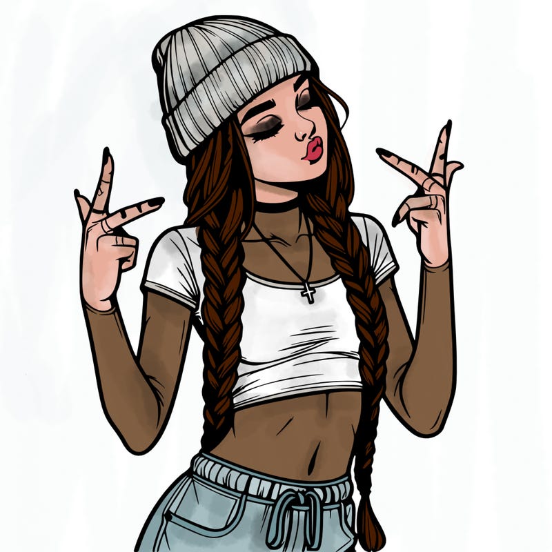 realistic teenage girl with braids and a beanie and crop top doing 🫶🏼