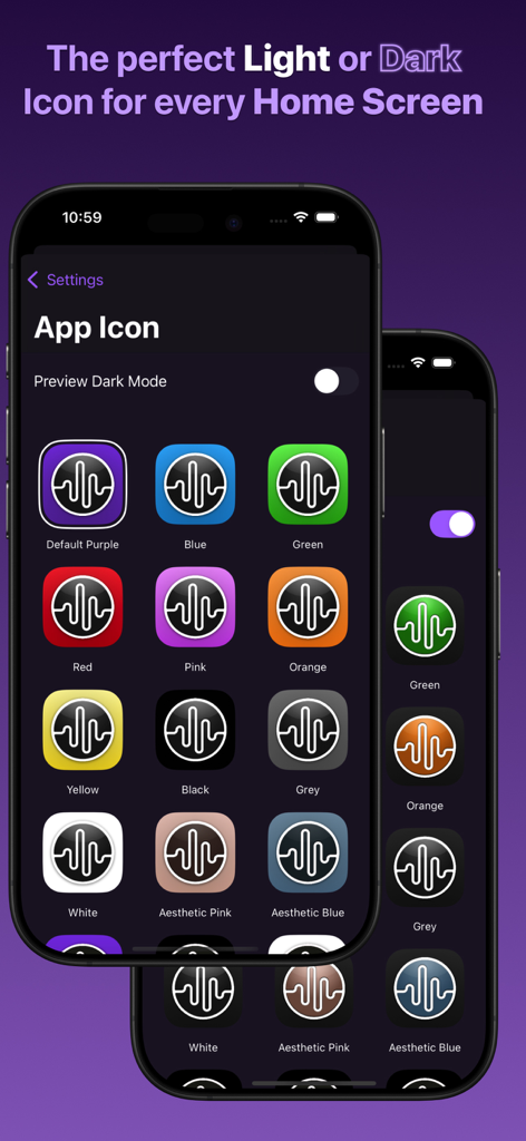 Screen showing multiple colorful custom app icon options for Dark Noise including various themes like True Black and Aesthetic Blue