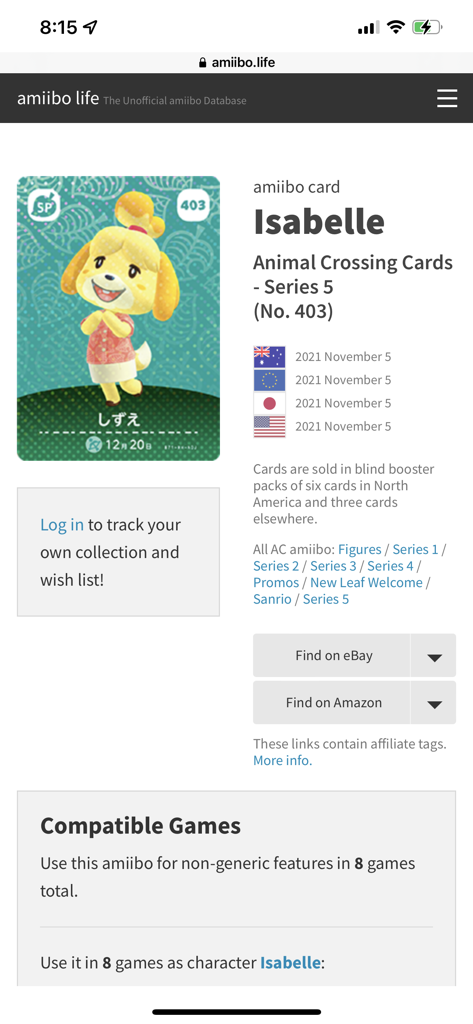 Tagmiibo: Write NFC Tags - Información sobre la tarjeta Amiibo de Canela de Animal Crossing, incluyendo los juegos compatibles.