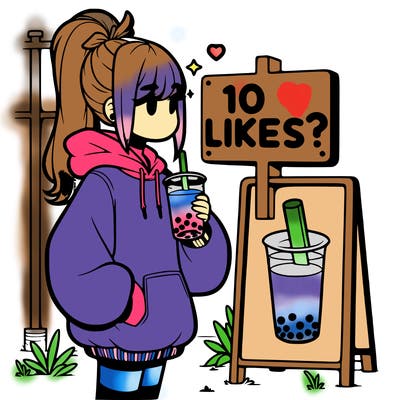 girl with oversized hoodie drinking boba and she has a high ponytail with a sign that says 10likes?