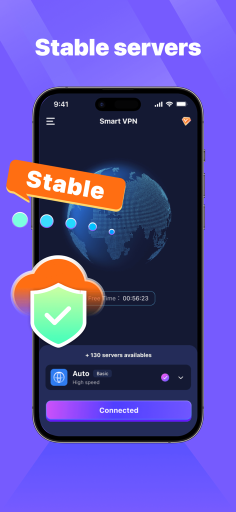 Smart VPN-Fast&Easy - Interfaz de la aplicación Smart VPN mostrando conexión de servidor estable con un gráfico de globo y un icono de escudo seguro.