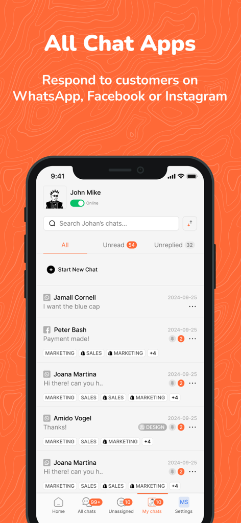 ZOKO Dashboard - Zoko Dashboard mobile app interface showing a unified inbox for WhatsApp, Facebook, and Instagram customer messages