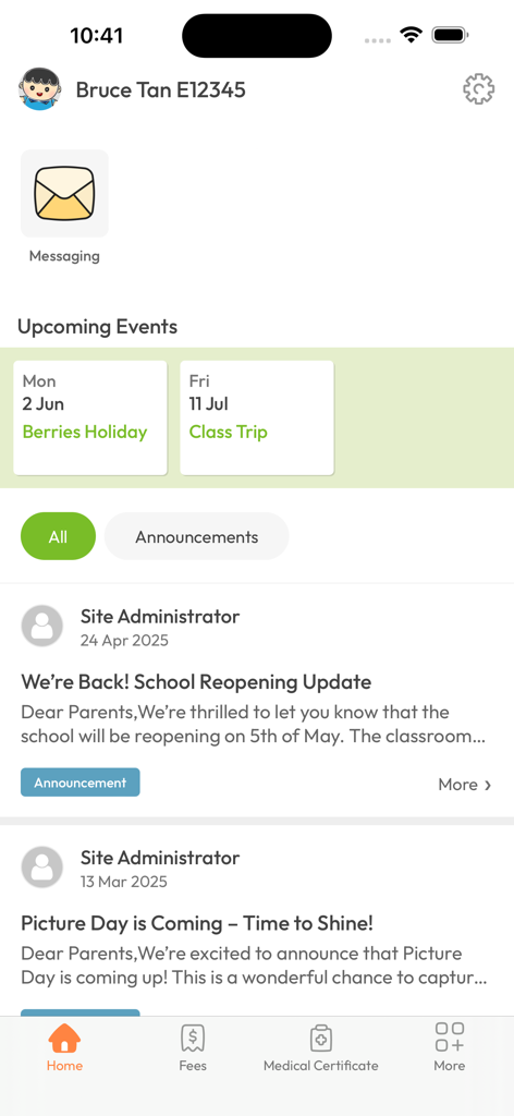 Berries World Parent App - Berries World Parent App home screen showing school announcements and upcoming events