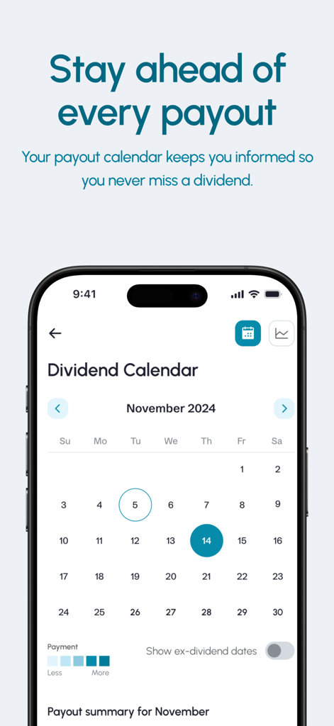 The Dividend Tracker - Monthly dividend payout calendar view in The Dividend Tracker app