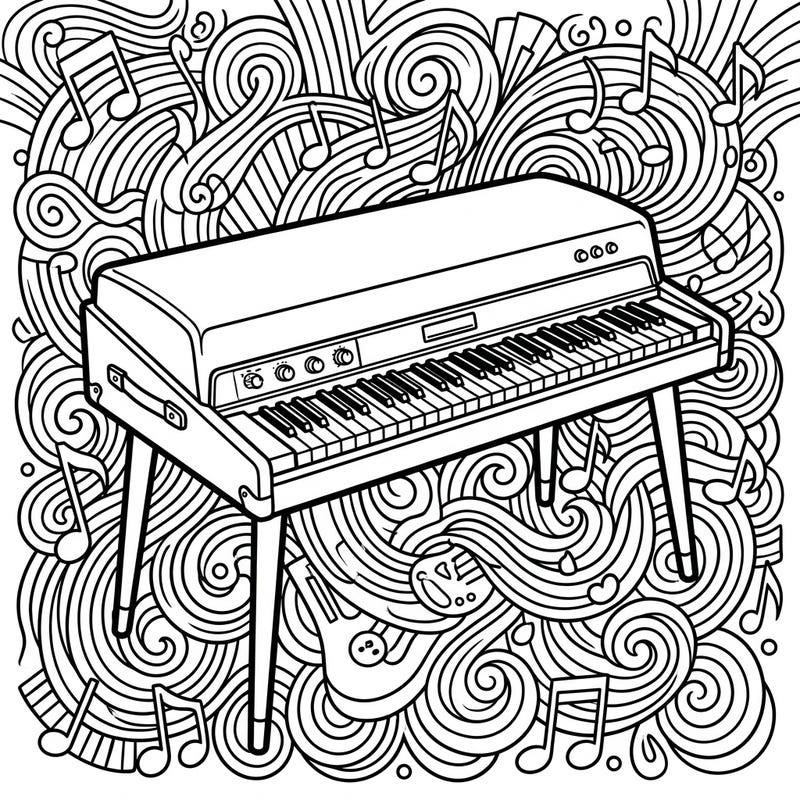 Immerse yourself in the soulful sounds of a classic electric piano with this intricate coloring page. Featuring a detailed Rhodes or Wurlitzer, it's a perfect blend of music and art waiting for your creative touch.