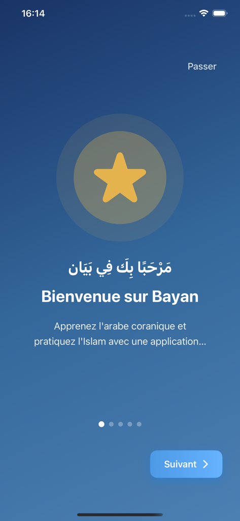 Bayan: Quranic Arabic Reader - Tela de boas-vindas do aplicativo Bayan Quranic Arabic Reader com um ícone de estrela amarela e saudação em árabe e francês