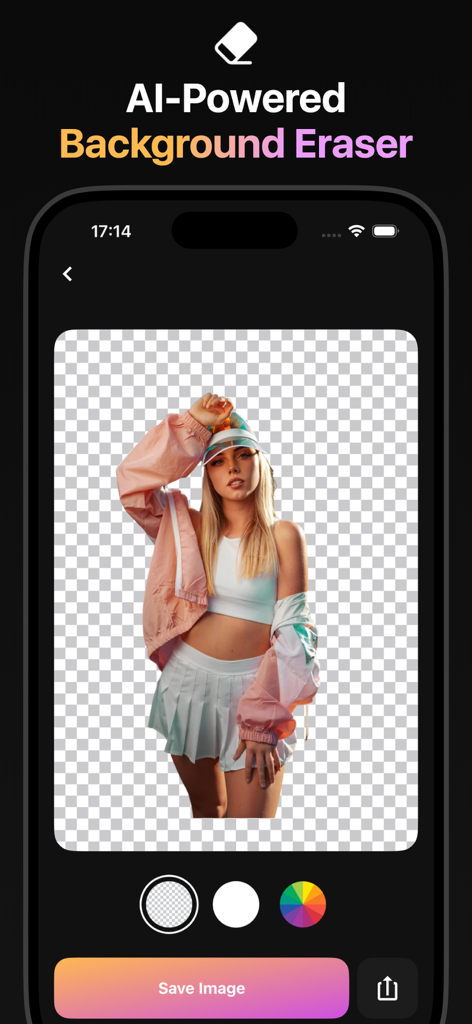 PixLab app interface showing the AI-powered background removal tool with a portrait photo