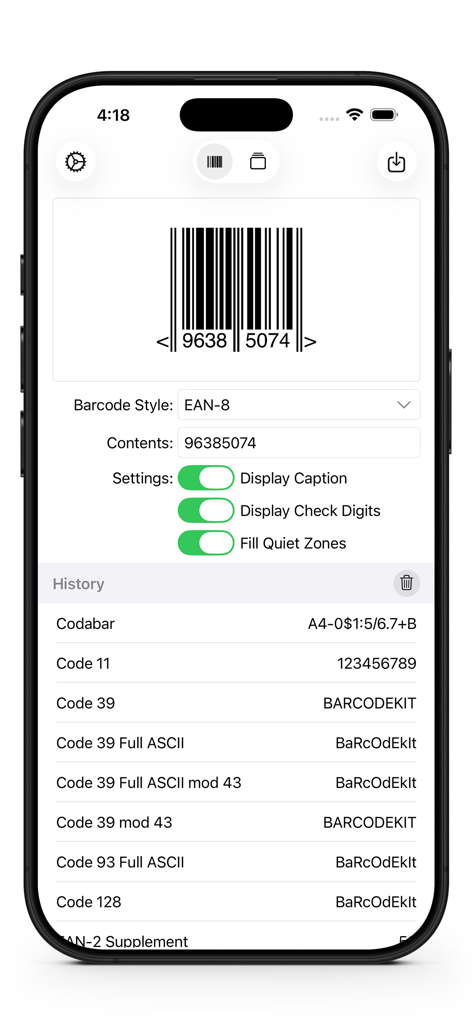 Barcode Generator - CreateCode - Interfaccia dell'app Generatore di codici a barre che mostra le impostazioni di creazione dei codici a barre e la cronologia di generazione