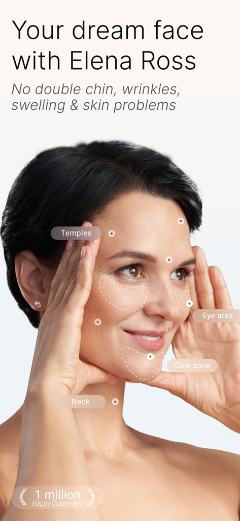 FaceTone: Face Fitness & Yoga - A woman demonstrating face yoga exercises targeting the temples eye area chin and neck zones