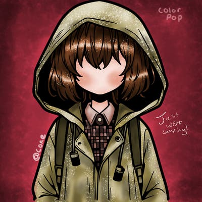 little anime girl in a raincoat her hair is covering her eyes she has a lighter