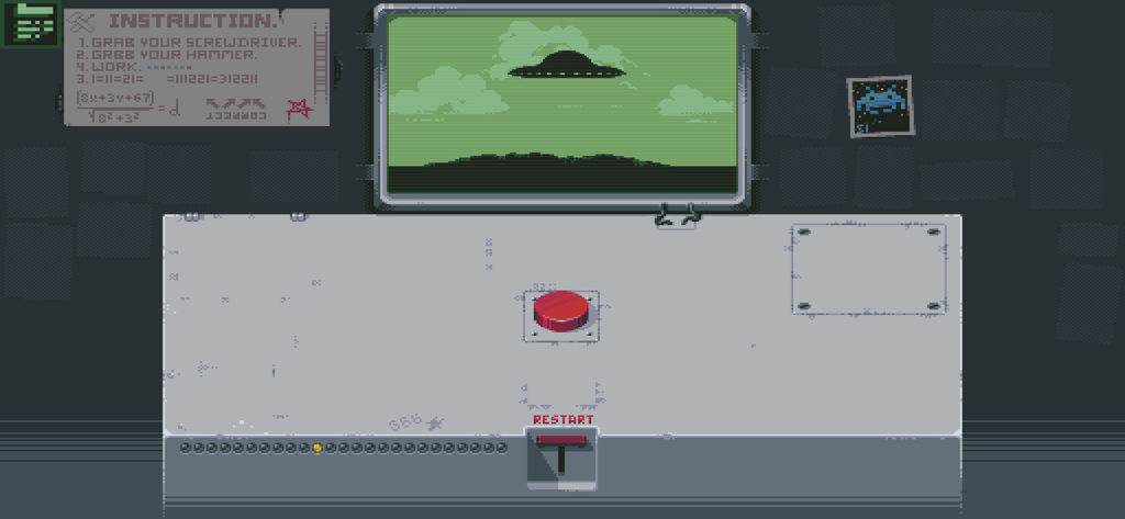 Pixel art puzzle console featuring a big red button and a monitor showing a UFO over a green landscape.