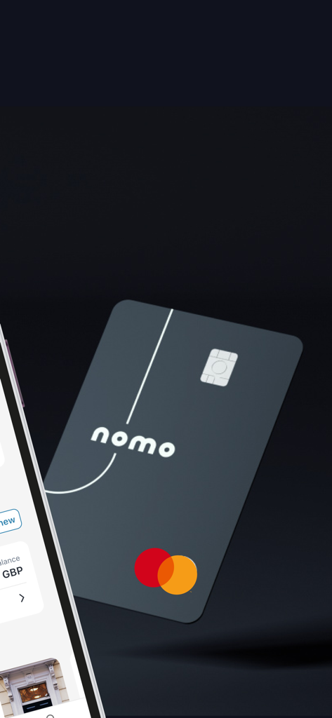 Nomo - Digital Sharia Banking - A dark grey Nomo Mastercard debit card next to a smartphone showing a digital bank account interface