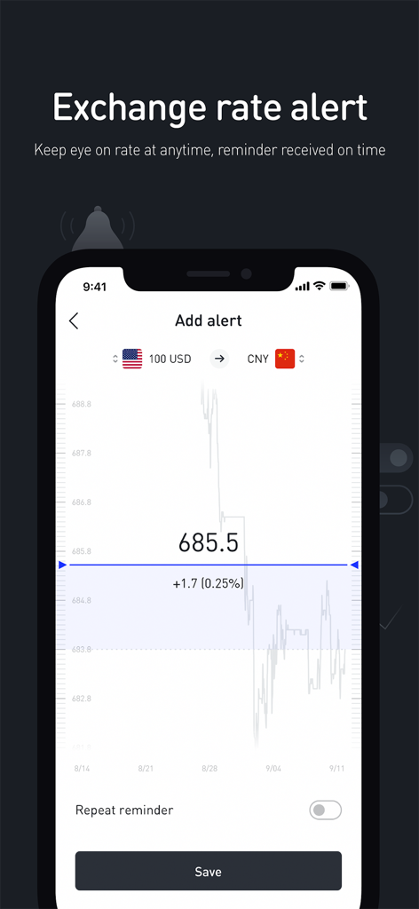 Exchange rate alert interface on xCurrency app for USD to CNY conversion