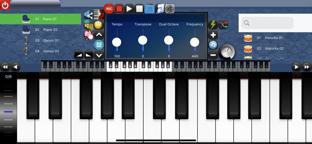 Portable ORG PRO - Interface do aplicativo Portable ORG PRO apresentando um teclado de piano digital e controles de produção musical